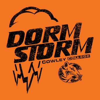 Orange background with lighting bolt Dorm Storm